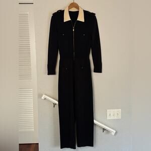Vintage Rena Lange Navy Blue Jumpsuit Classic Logo Gold Buttons Zip Up Size 40
